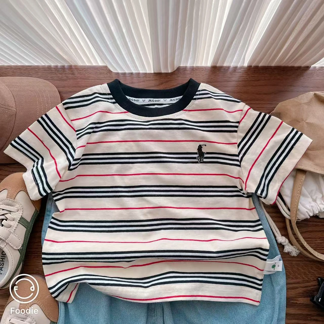 【JMJQ 25520】夏季经典宝莉条儿童休闲时尚刺绣条纹圆领轻薄短袖