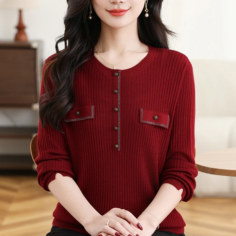 气质妈妈春秋装圆领薄款宽松大码上衣中老年女长袖纯色T恤打底衫