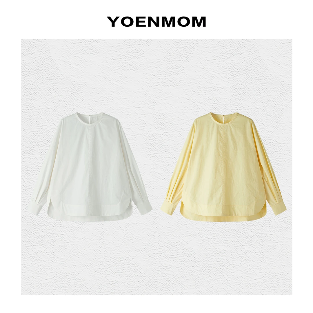 YOENMOM·春日黄白2025早春新品 100棉清新配色轻国风宽松圆领衬衫