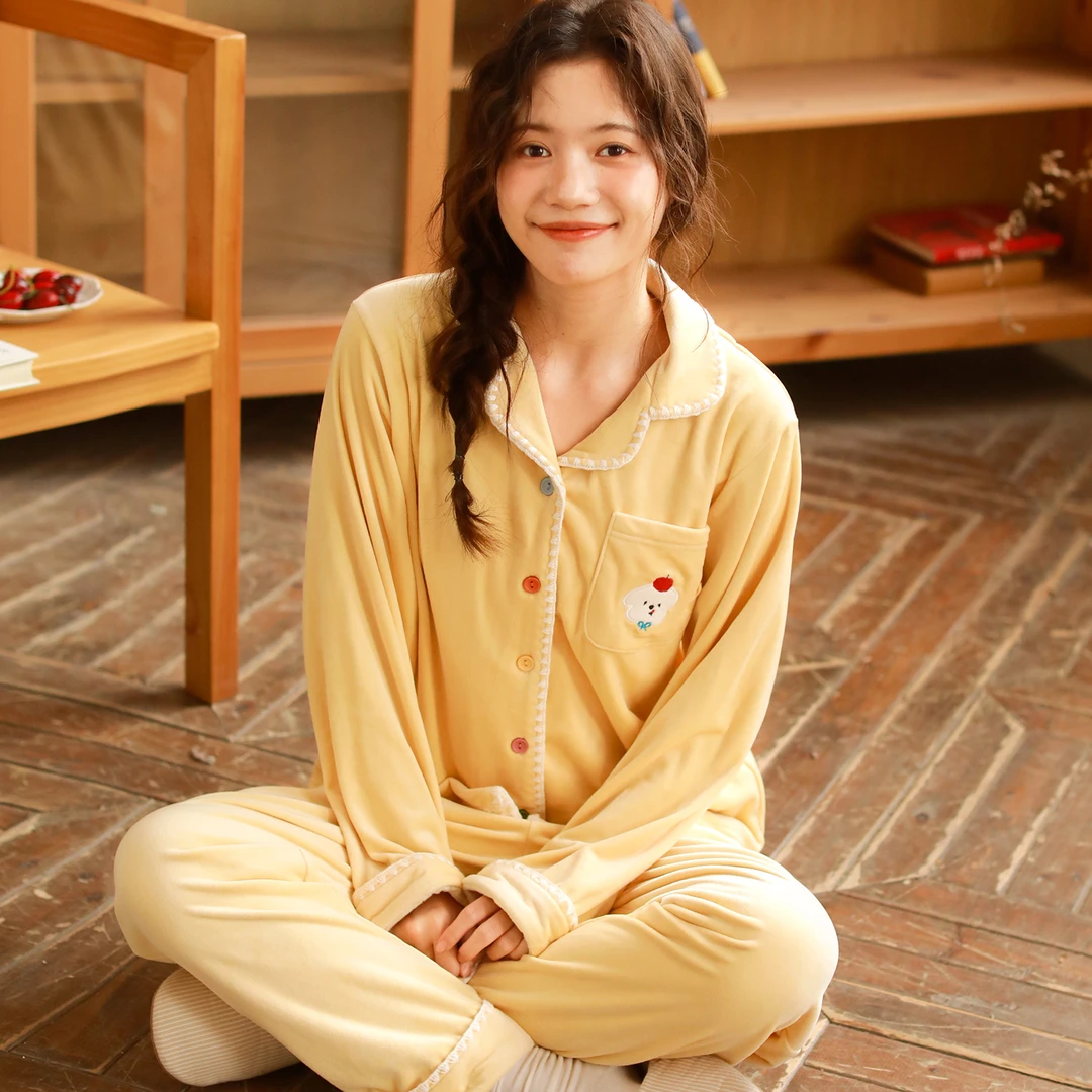 『苹果狗』富朵海岛绒孕妇睡衣秋冬加绒保暖怀孕产后月子服哺乳套装