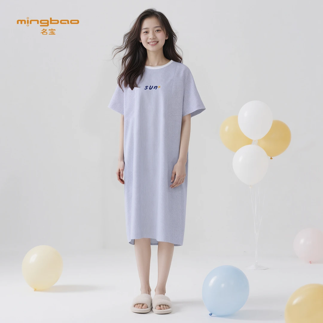 名宝女士竖条廓形裙NSL2024夏季宽松时尚休闲刺绣家居睡裙可外穿