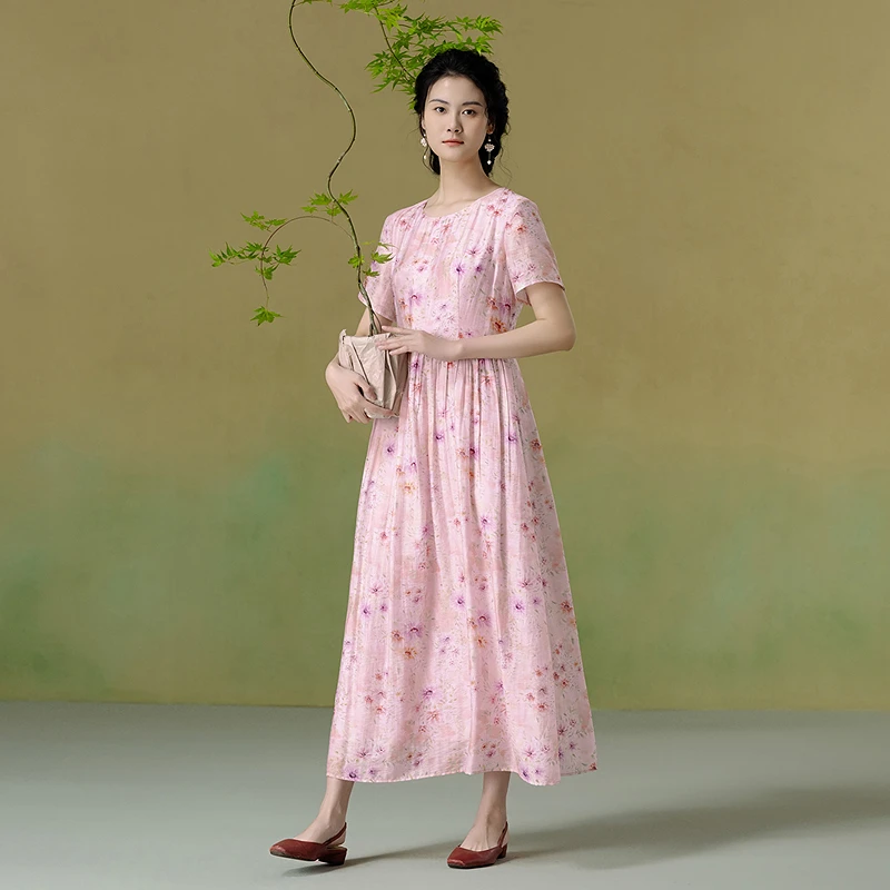 生活在左2025夏季新品温柔印花宽松显瘦连衣裙时尚女1952418气质.