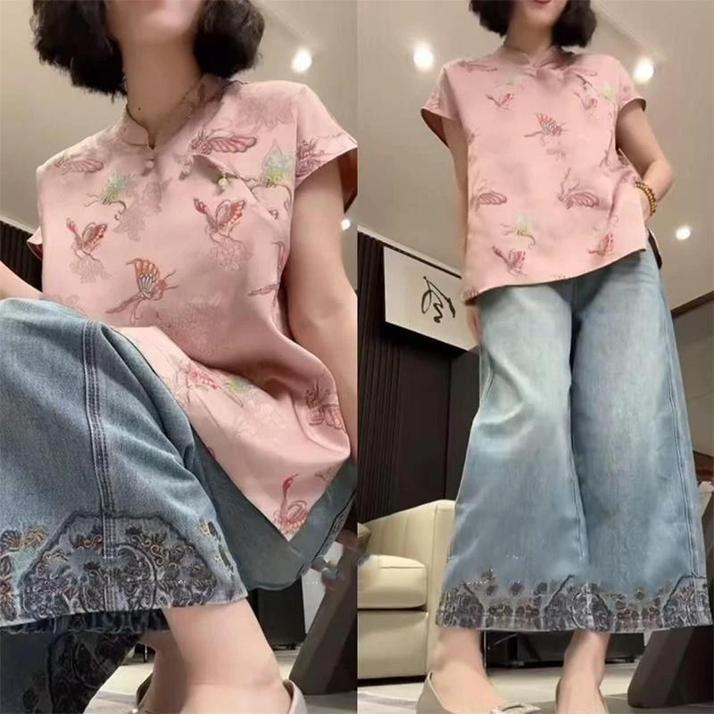 新中式国风套装女2025新款夏季粉色碎花盘扣立领衬衫牛仔裤两件套