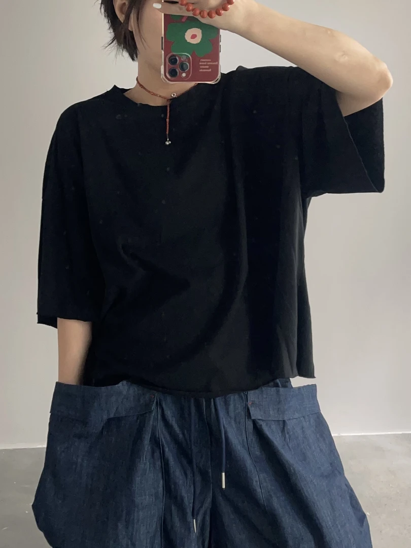 Z069 极简风短款宽松半袖T恤百搭简约设计感开叉