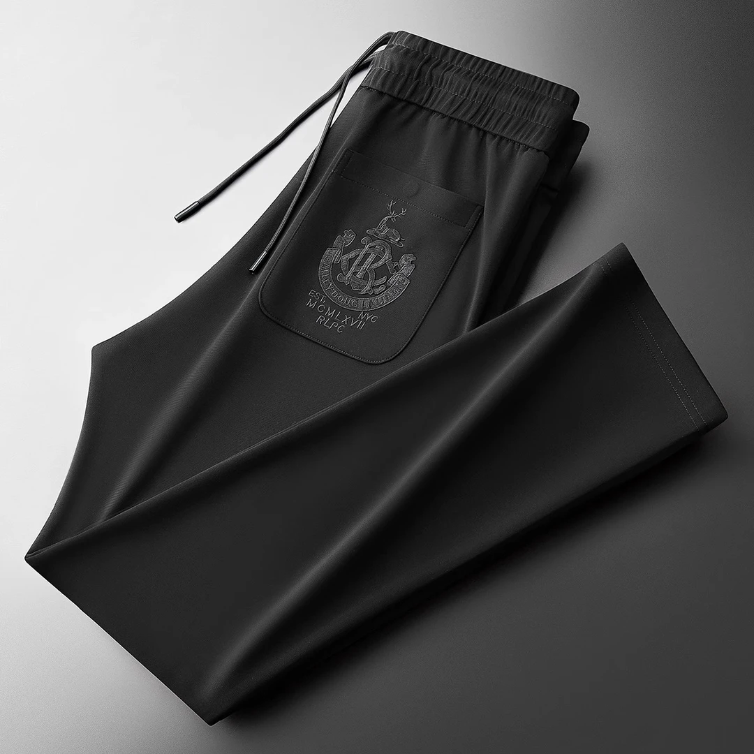 高端顺滑垂顺运动休闲裤子男士夏季修身直筒轻薄透气刺绣轻奢卫裤