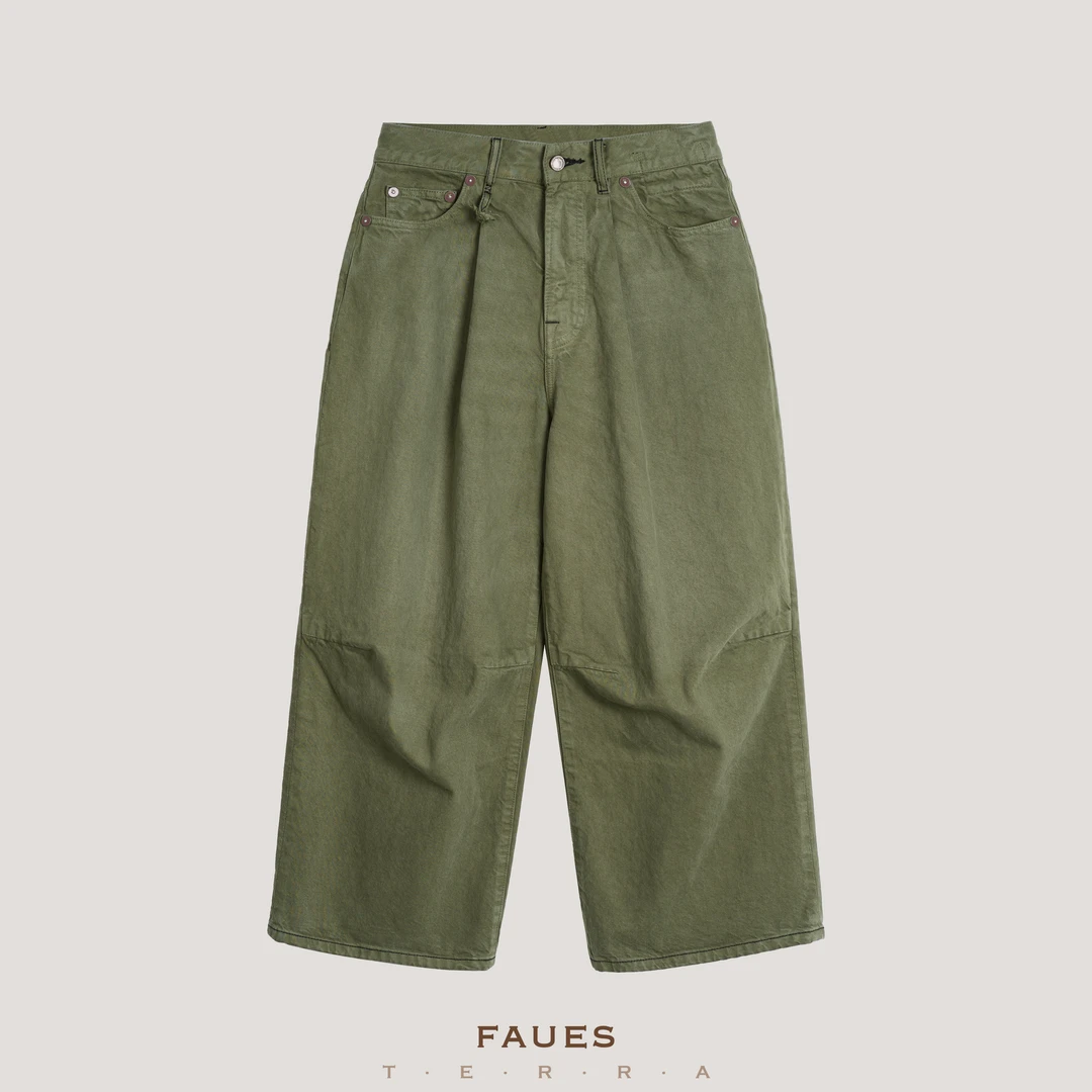 FAUES 质感之至 匹马棉定染石洗茧型宽松立裁九分胖丁牛仔奶奶裤