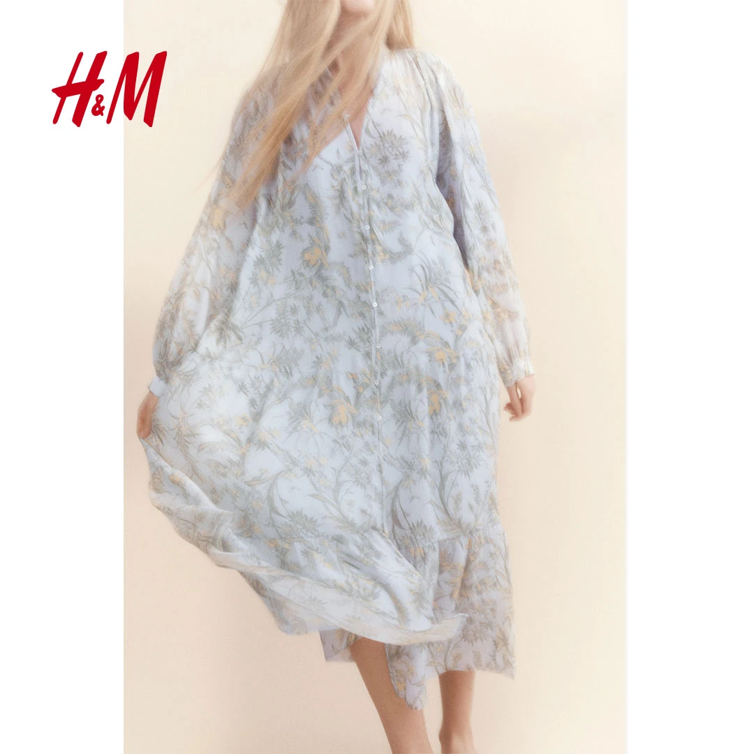 HM女装2025夏新款流光风灯笼袖大廓形连衣裙1219083