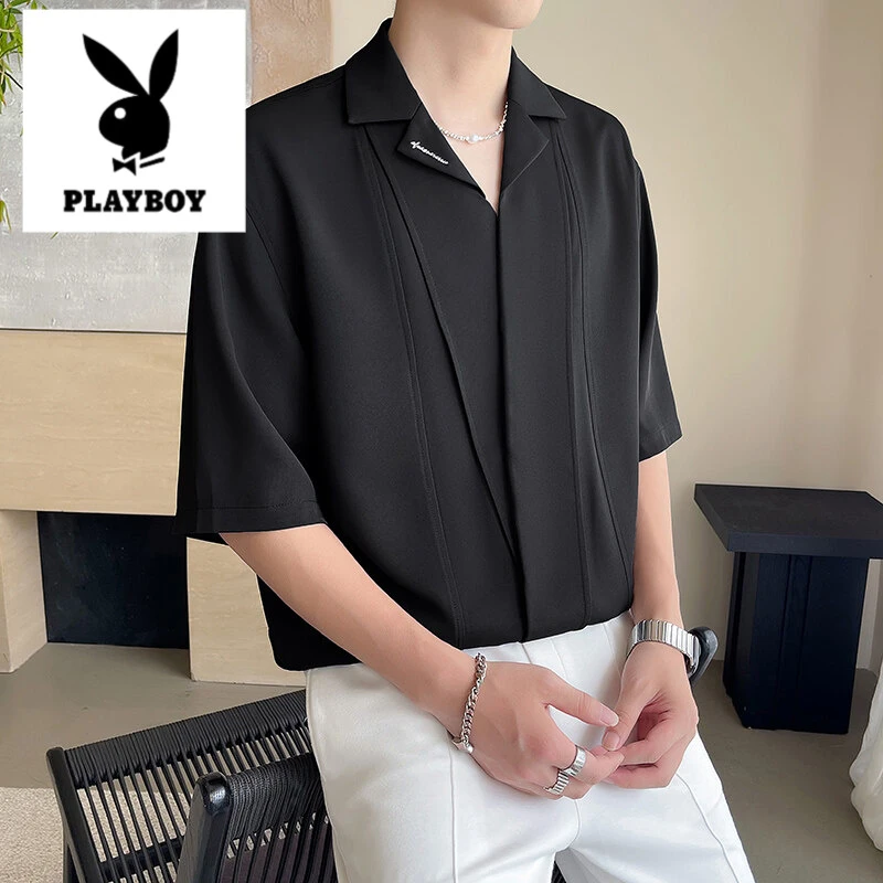 花花公子英伦雅痞男装古巴领短袖衬衫痞帅高级感冰丝五分袖衬衣