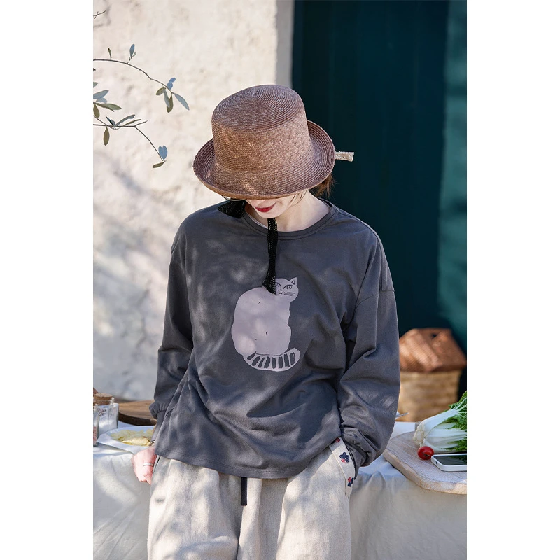 春夏烟灰色文艺复古原创猫咪纯棉宽松休闲简约圆领针织长袖T恤女