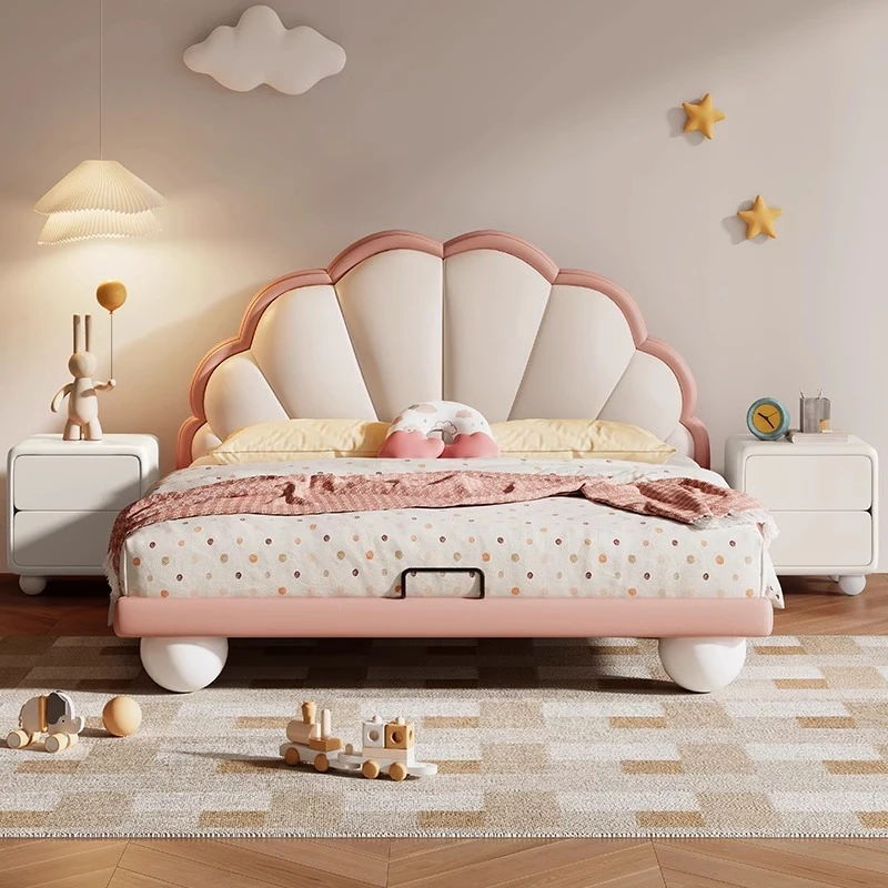 儿童床女孩粉色太阳花床猫抓皮风女童公主床全实木框架个性圆脚床