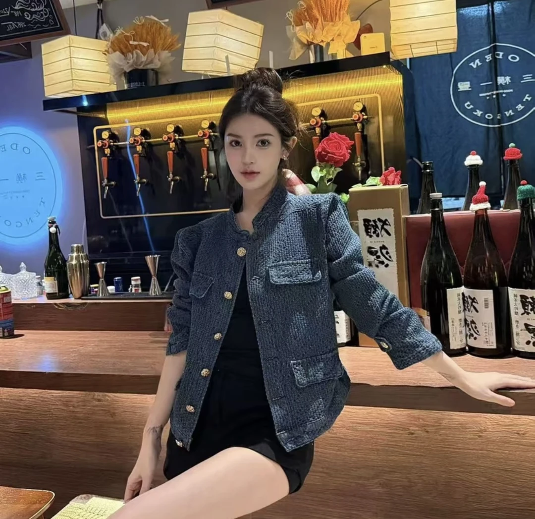 人气王 老钱调小众肌理感牛仔小香外套H型立领夹克