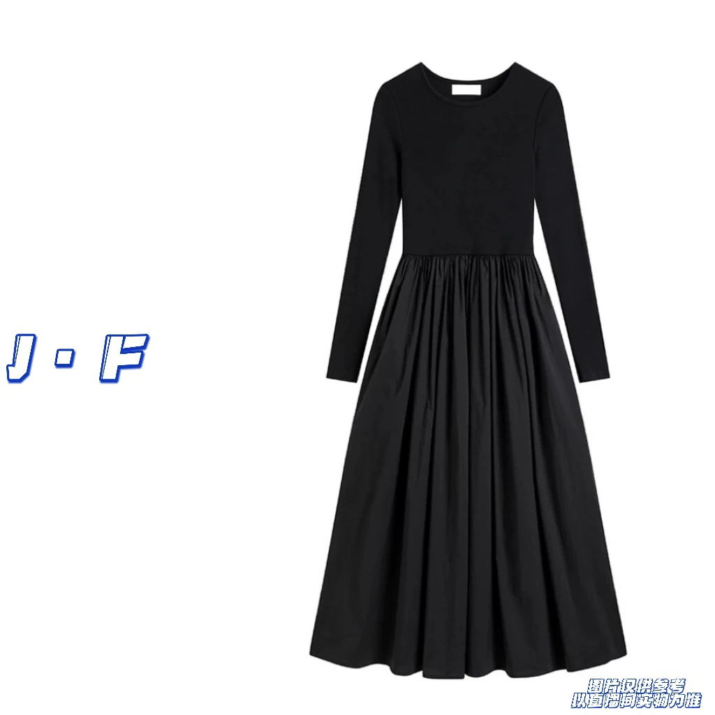 JF定制大码女装8808圆领弹力百搭高腰裙摆纯色打底长袖连衣裙