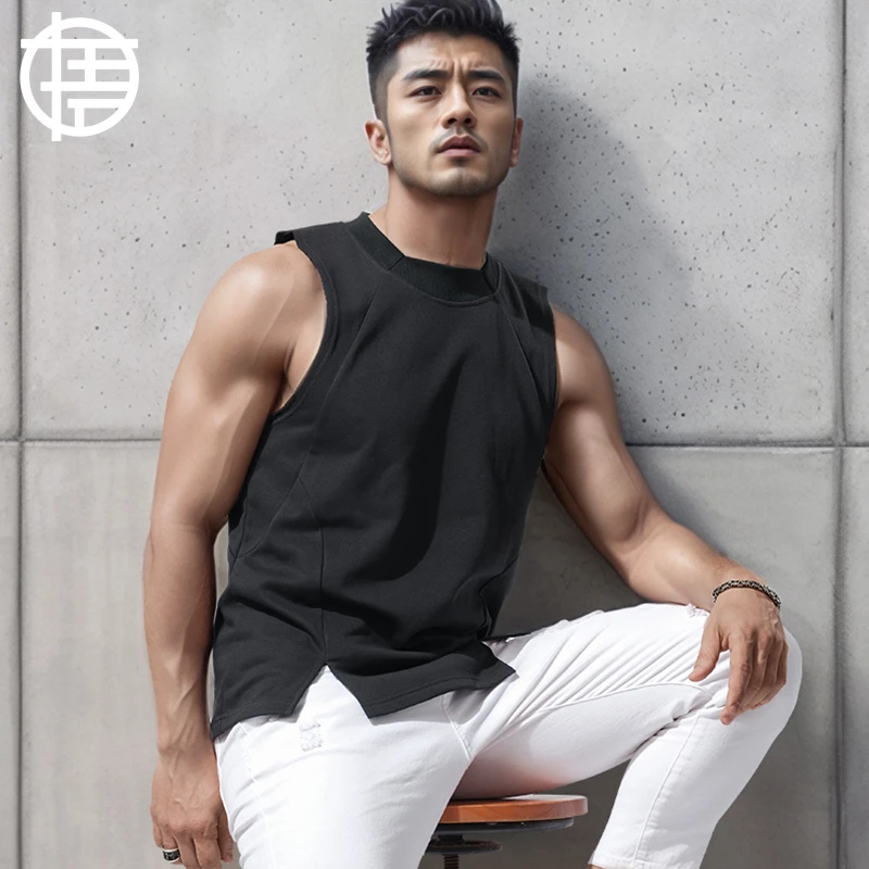 设计感无袖T恤男士纯色运动健身宽松宽肩棉背心夏季坎肩砍袖外穿