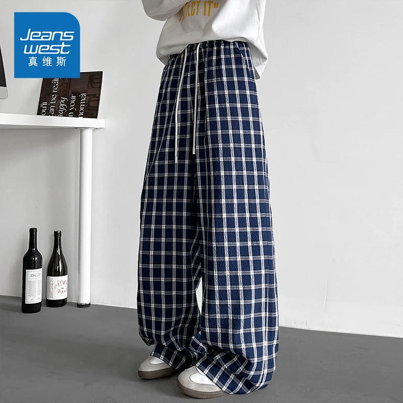 Jeanswest/真维斯男士夏季复古港风格子休闲裤薄款宽松垂感阔腿裤