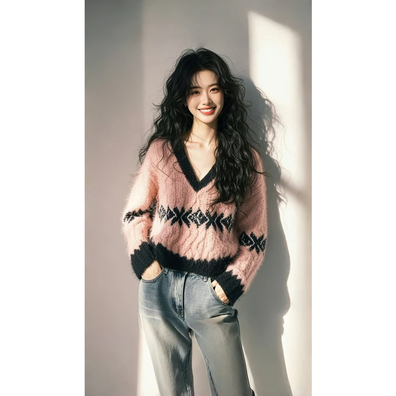 法式v领拼色长袖针织衫女冬季宽松慵懒风设计感小众软糯毛衣上衣