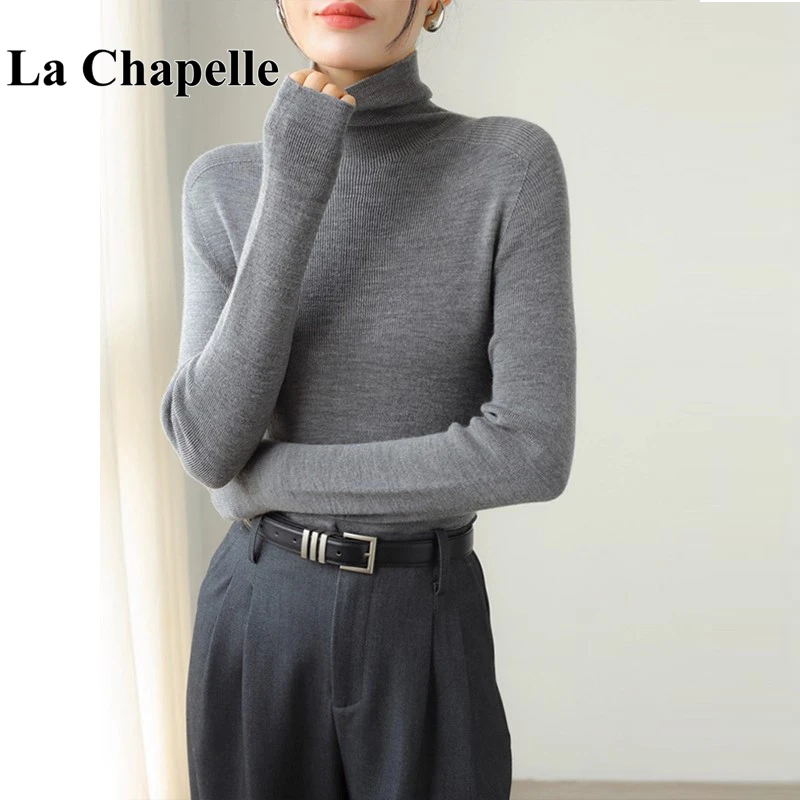 拉夏贝尔无缝堆堆领修身针织衫女冬季高领叠穿套头内搭打底毛衣