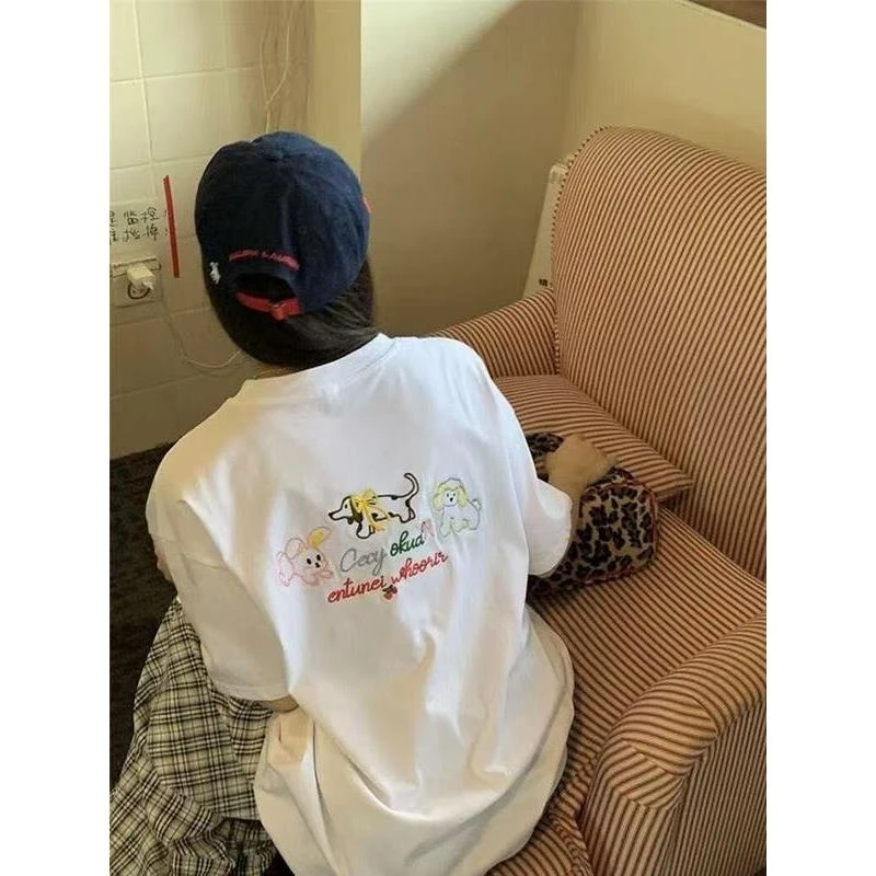 新款韩系可爱小狗字母前后刺绣宽松短袖T恤男女慵懒风百搭上衣潮