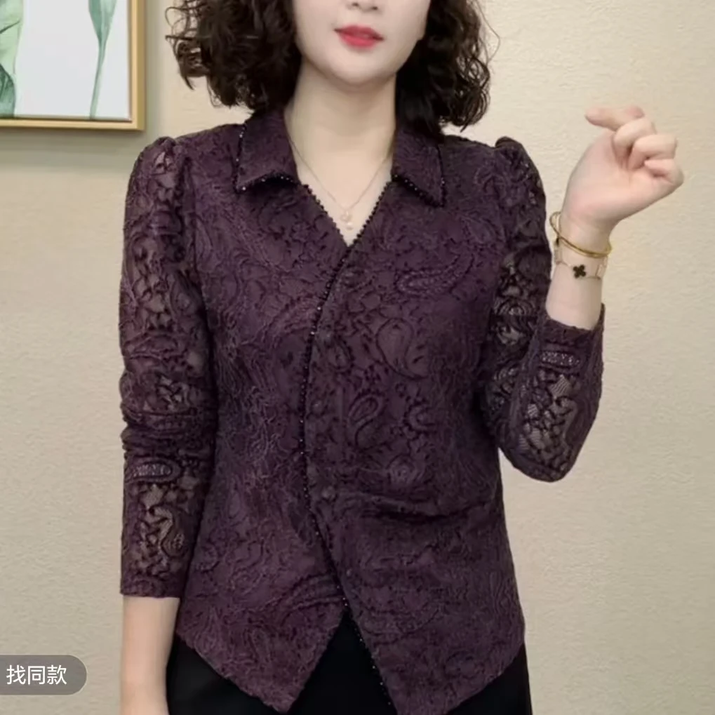 2025秋季新款洋气时尚衬衫领气质修身百搭蕾丝长袖上衣#54796