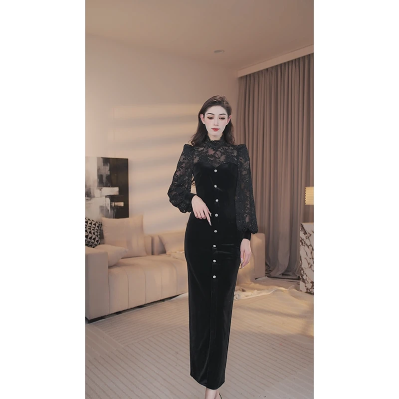 尤克菲儿 原创法式高定丝绒拼接蕾丝长裙气质优雅修身显瘦连衣裙