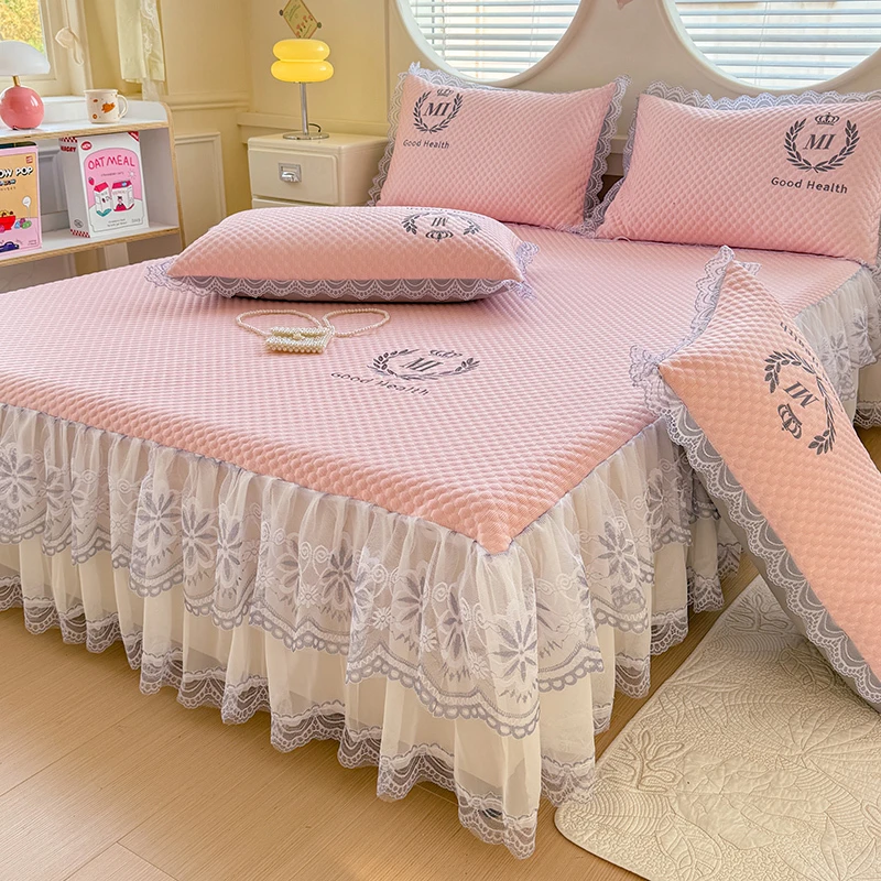 床裙款夏季冰丝豆豆凉席蕾丝花边床罩可机水洗夏天家用空调软席子