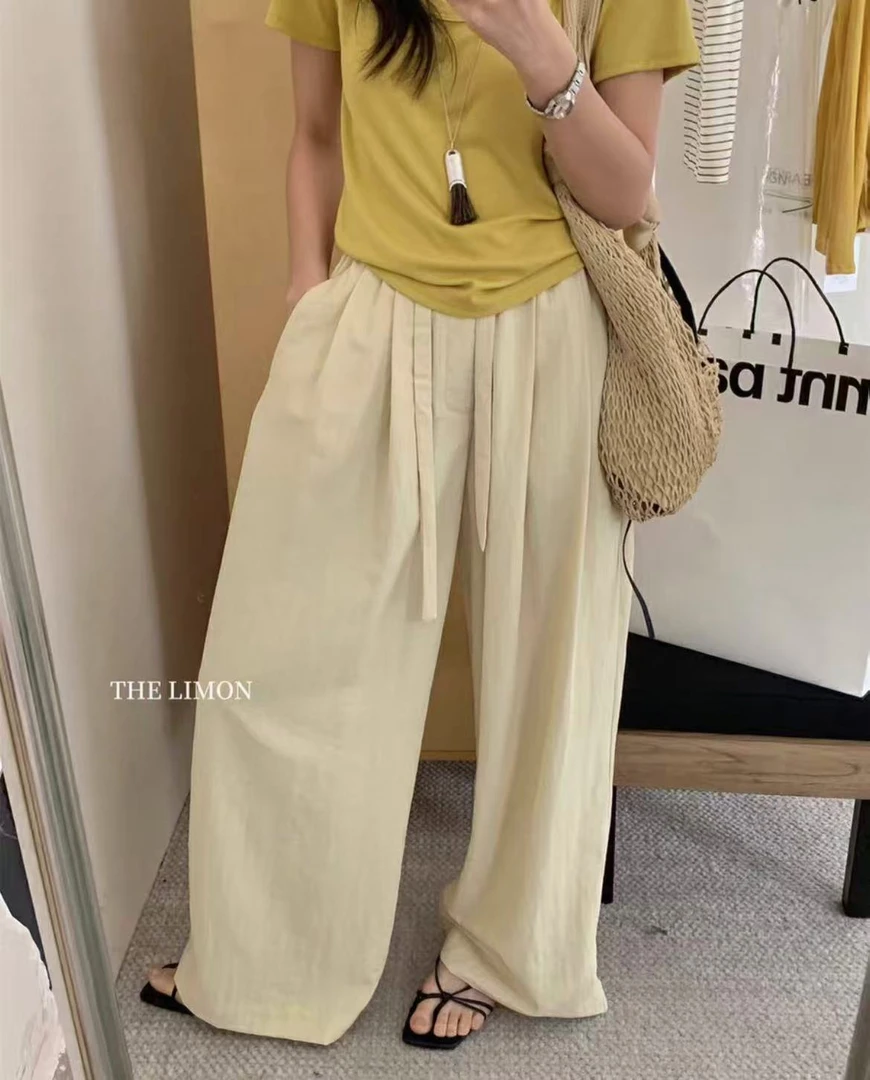 3M24-17819夏季新款简约宽松时尚抽绳设计感高腰直筒阔腿休闲裤女