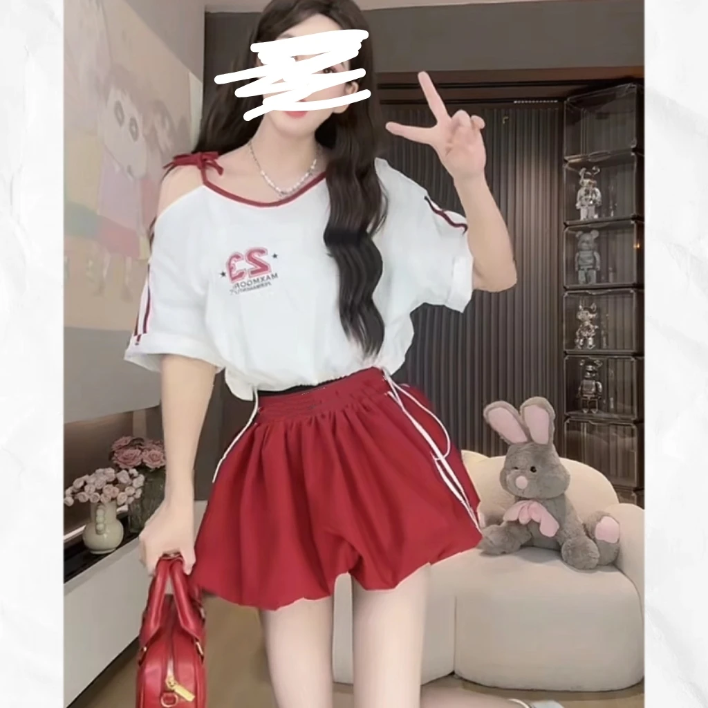 萌萌【运动潮牌】复古花苞裙气质露肩T恤上衣裙套装2600衣2599裙