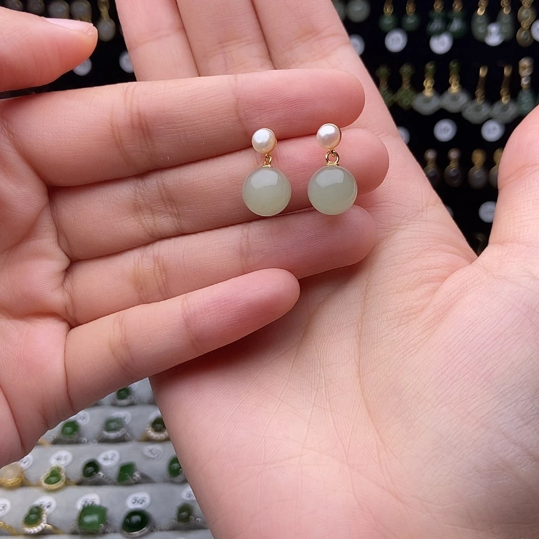 和田玉银S925镀金镶嵌耳饰