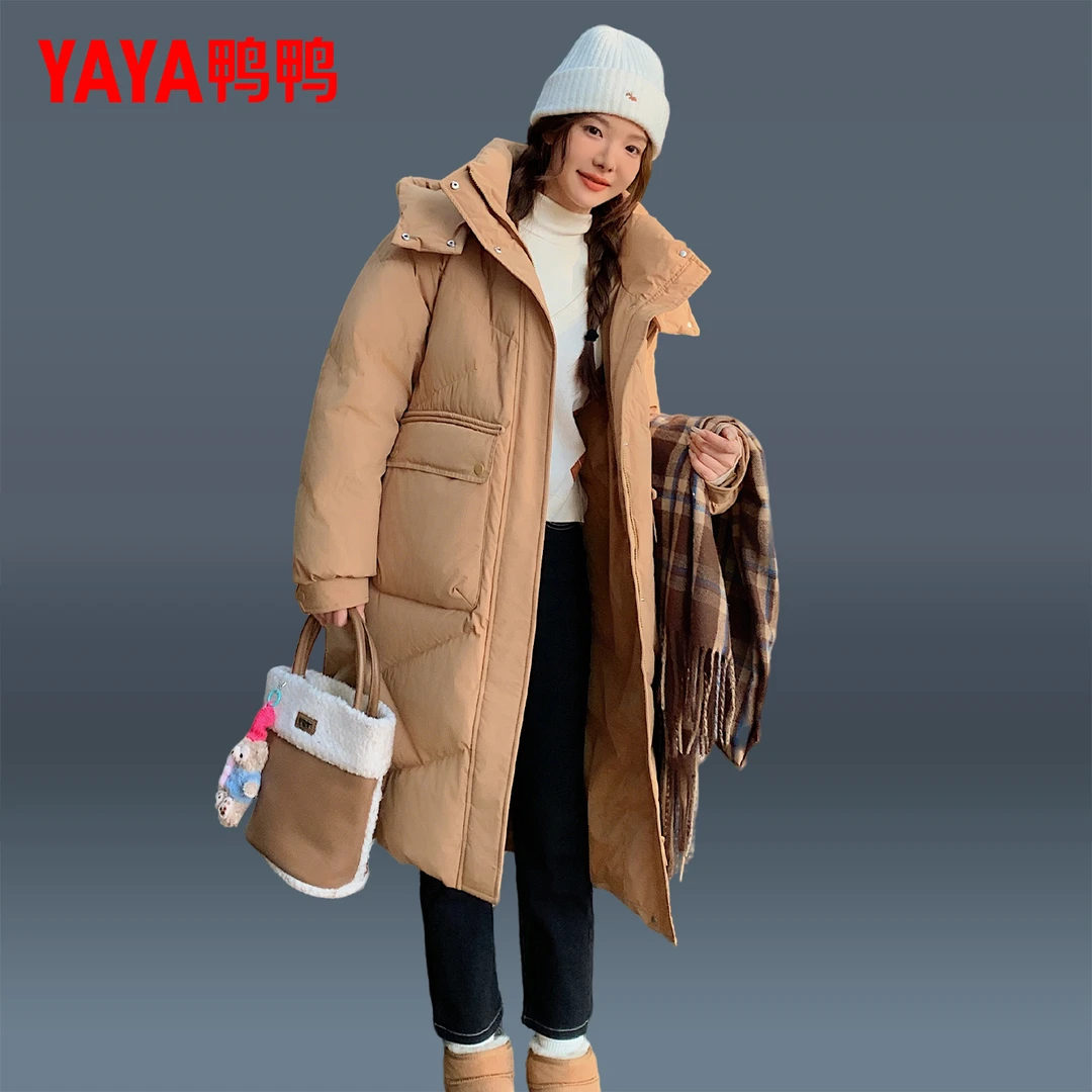 鸭鸭羽绒服女冬2025新款韩版中长款可拆连帽时尚宽松加厚保暖外套