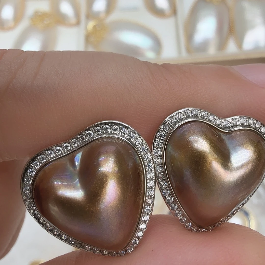 银S925镶嵌拼合珍珠（马贝珠）耳饰