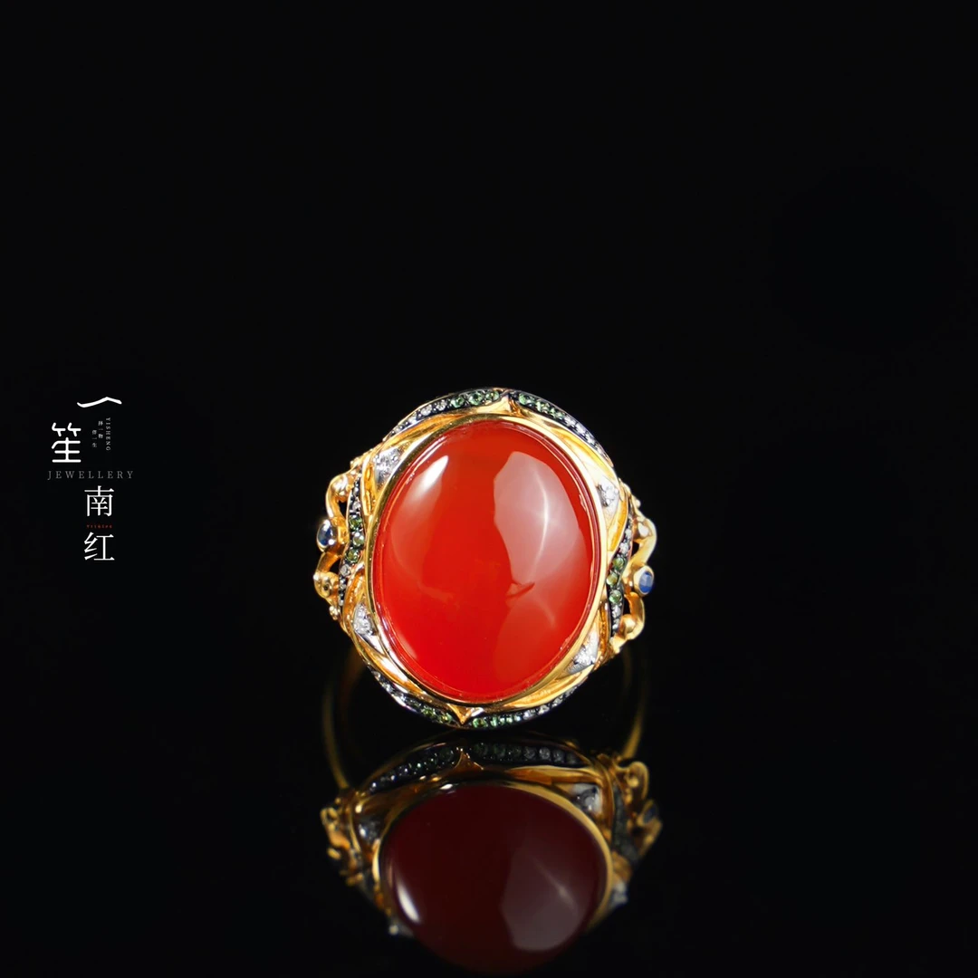 【一笙珠宝】天然南红玛瑙蛋面戒指18k金镶嵌 YS20007