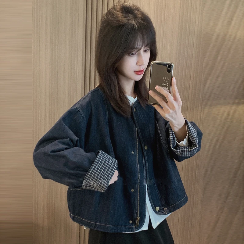 2025春季新款格子拼接袖口宽松休闲圆领复古牛仔外套女百搭上衣