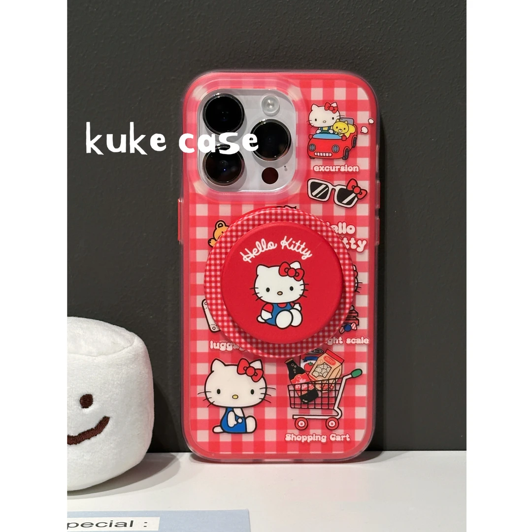 【适用苹果】ins可爱红色格纹Kitty二合一边框磨砂磁吸手机壳iPhone