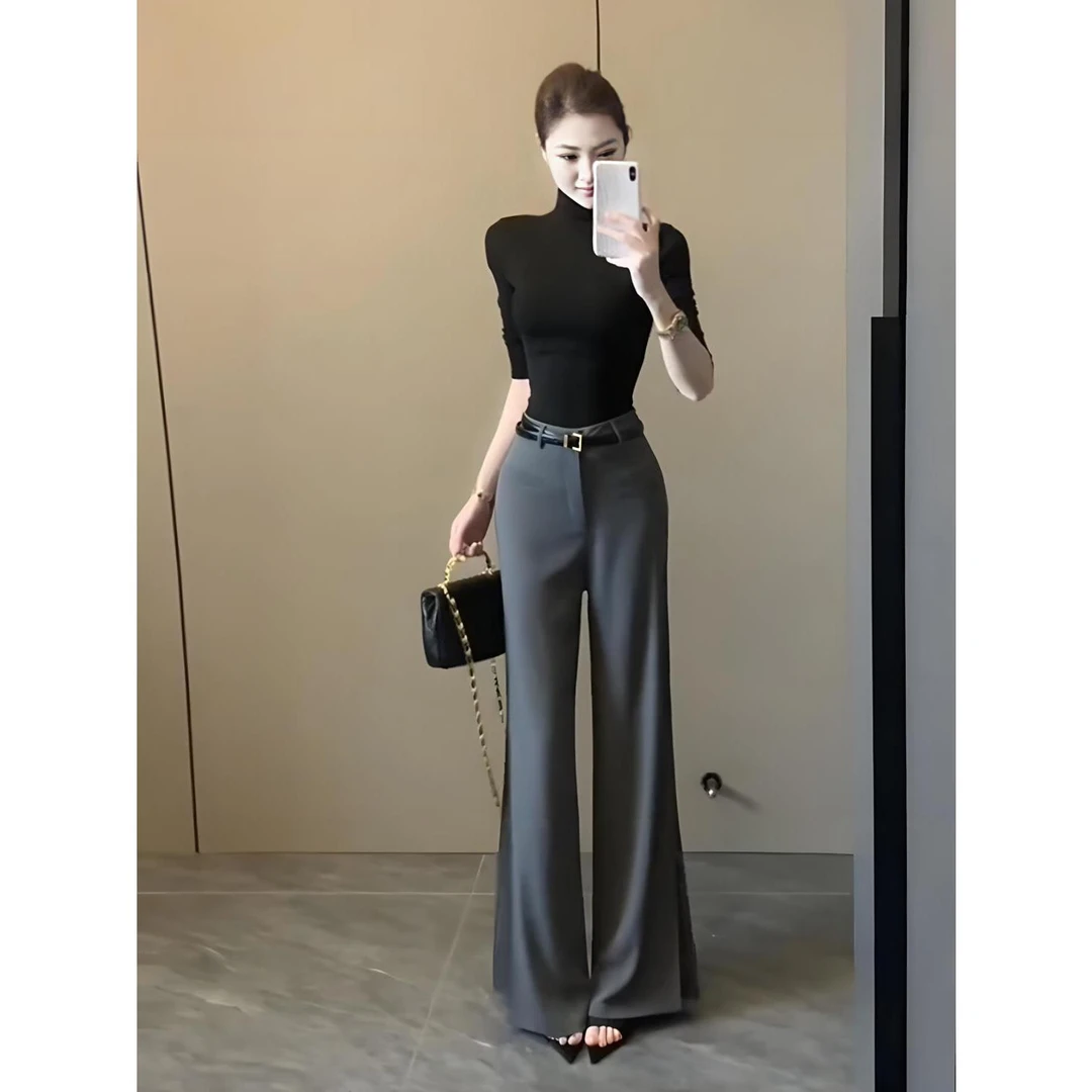 气质辣妹灰色西装裤女夏季新款高腰显瘦垂感拖地阔腿裤