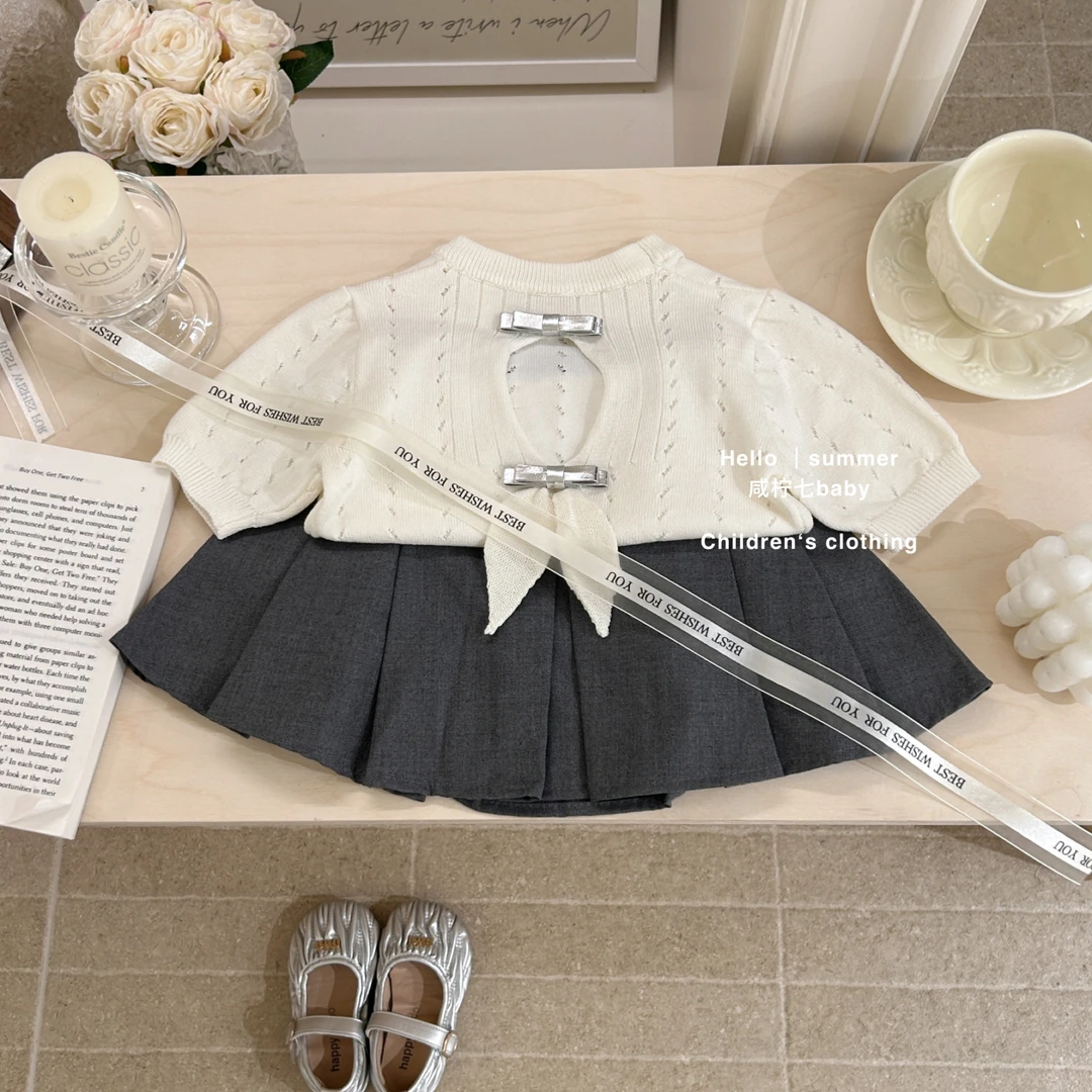 现【咸柠七】女童套装洋气25夏季女宝露背针织短袖T恤百褶裙两件套