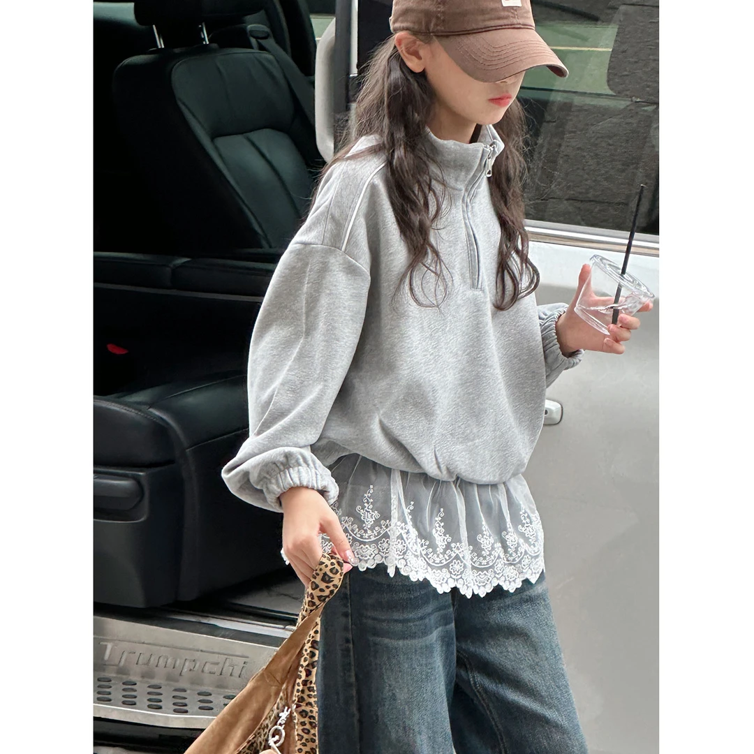 K29497孙小美蕾丝拼接女童卫衣2025新款秋装儿童上衣大童春秋衣服