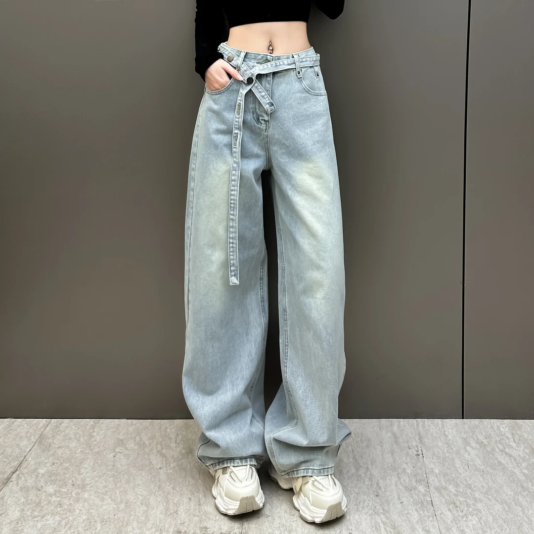 2025春款浅色水洗牛仔裤女新款高街阔腿裤显瘦宽松弯道裤Y5007