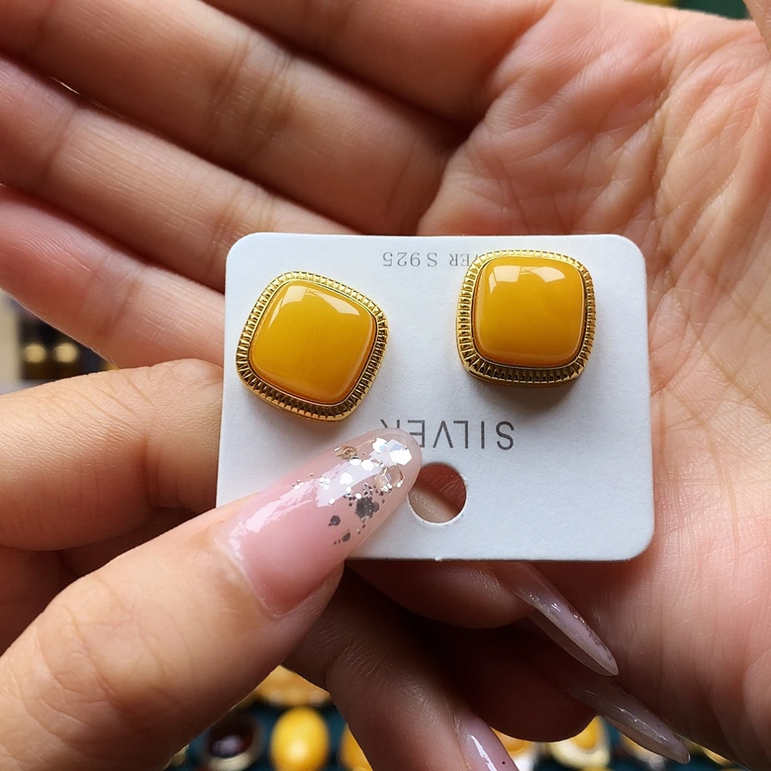 蜜蜡银S925镶嵌耳饰耳钉