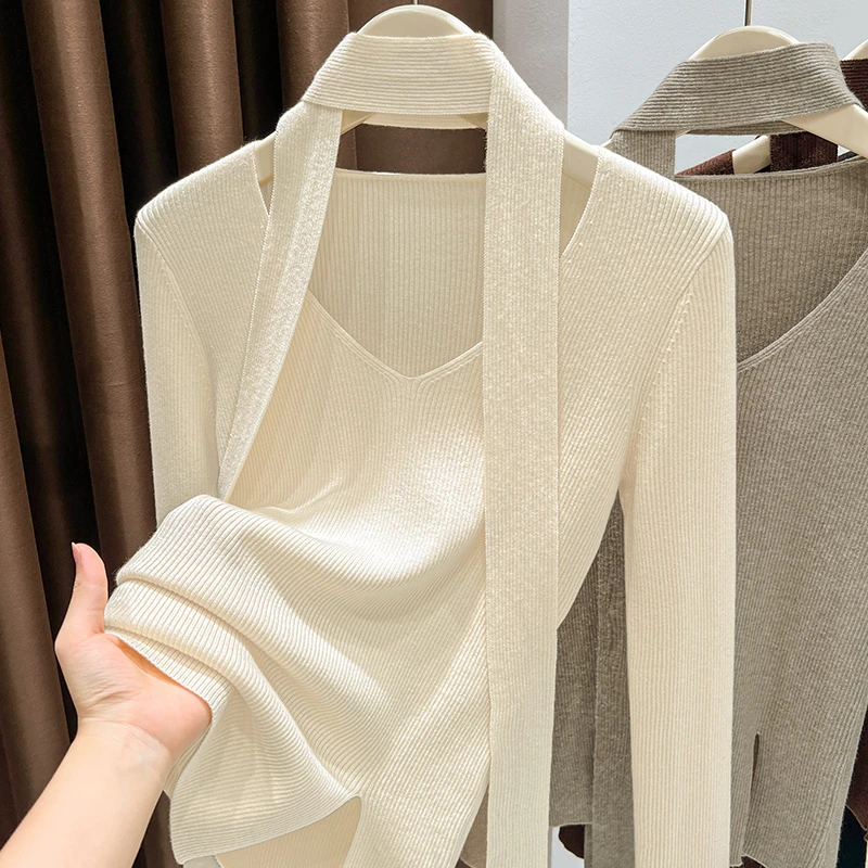 低V领针织修身长袖上衣秋季新款飘带设计感性感打底衫纯欲内搭女