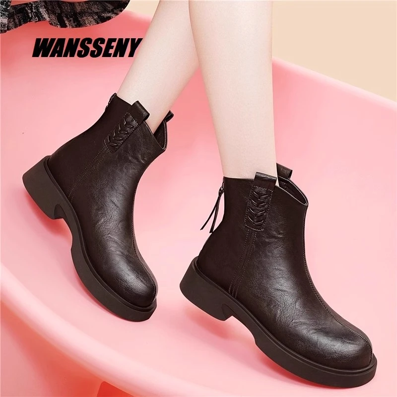 WANSSENY2025年冬季真皮爆款马丁靴女加绒英伦风切尔西厚底短靴女