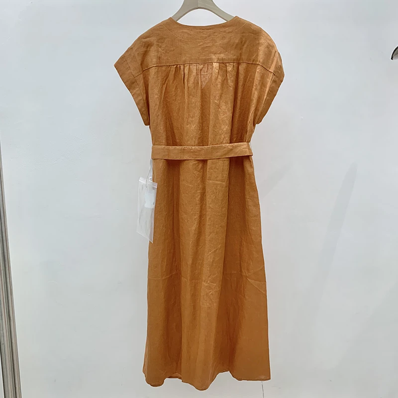 【5.24】PT096 亚麻平纹V领长款连衣裙