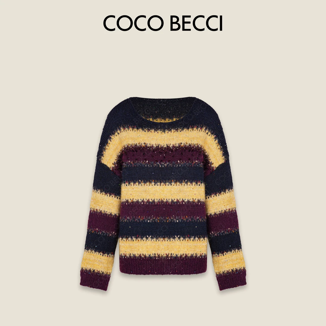 COCO BECCI【叶落秋意】绵羊毛撞色条纹亮片时尚针织衫CFXYD131233