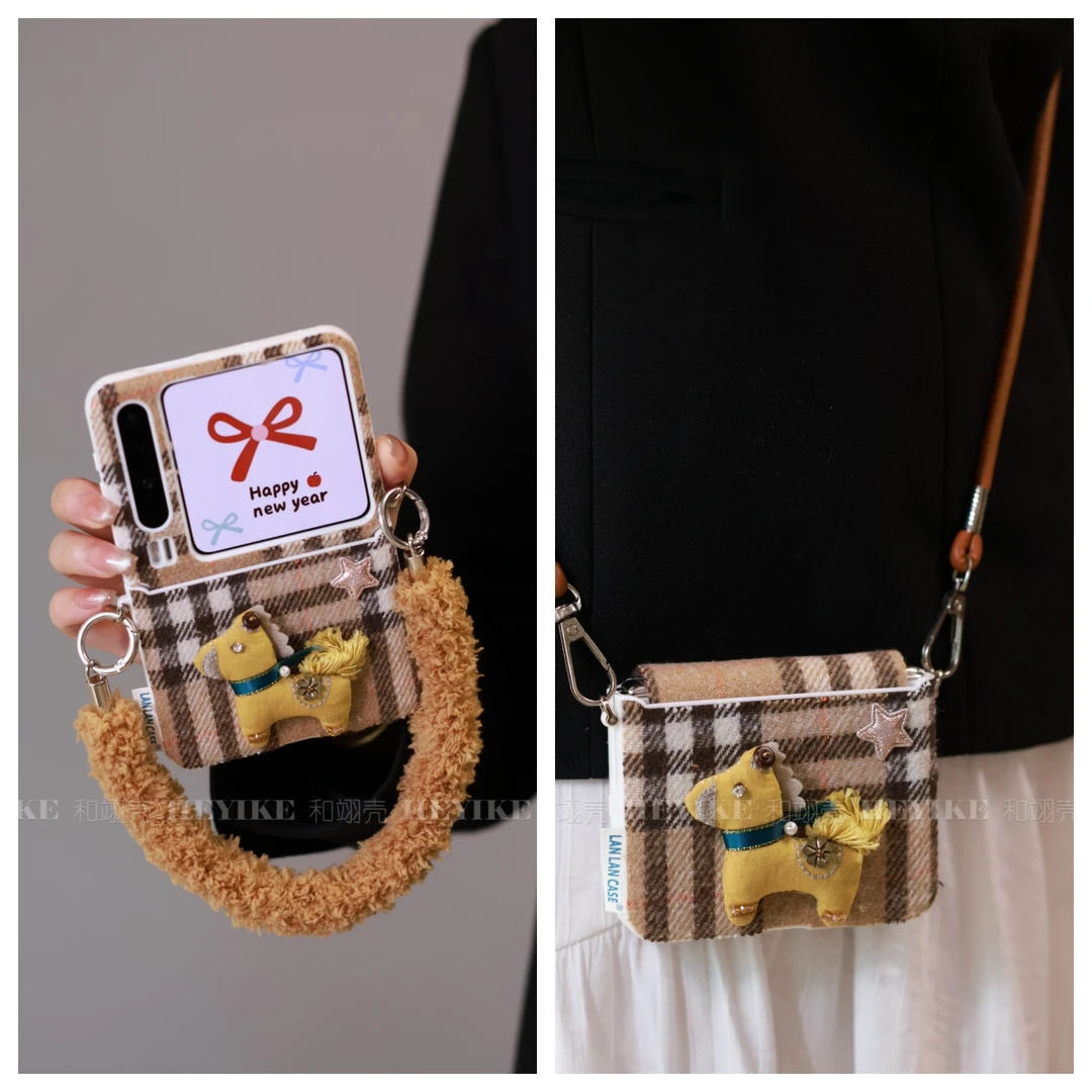 新年立体小马毛绒适用华为purax手机壳小米mixflip2支架pocket2红