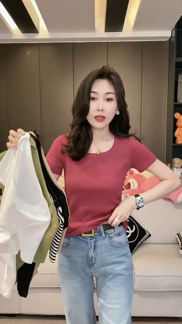 欧货2024早春新款纯色极简方领短袖t袖显瘦百搭洋气内搭打底上衣