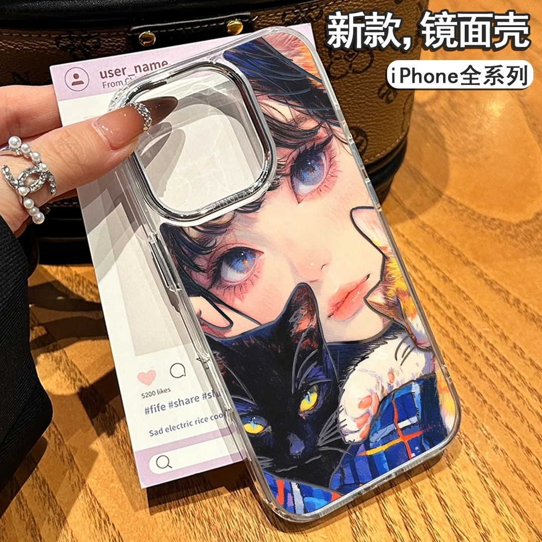 女孩抱黑猫适用苹果16promax手机壳iPhone15镜头全包14pro防摔13/