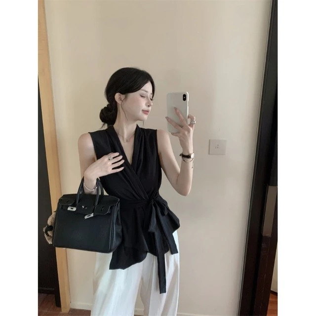 法式别致绑带收腰黑色v领无袖背心女夏小个子修身气质外穿上衣服