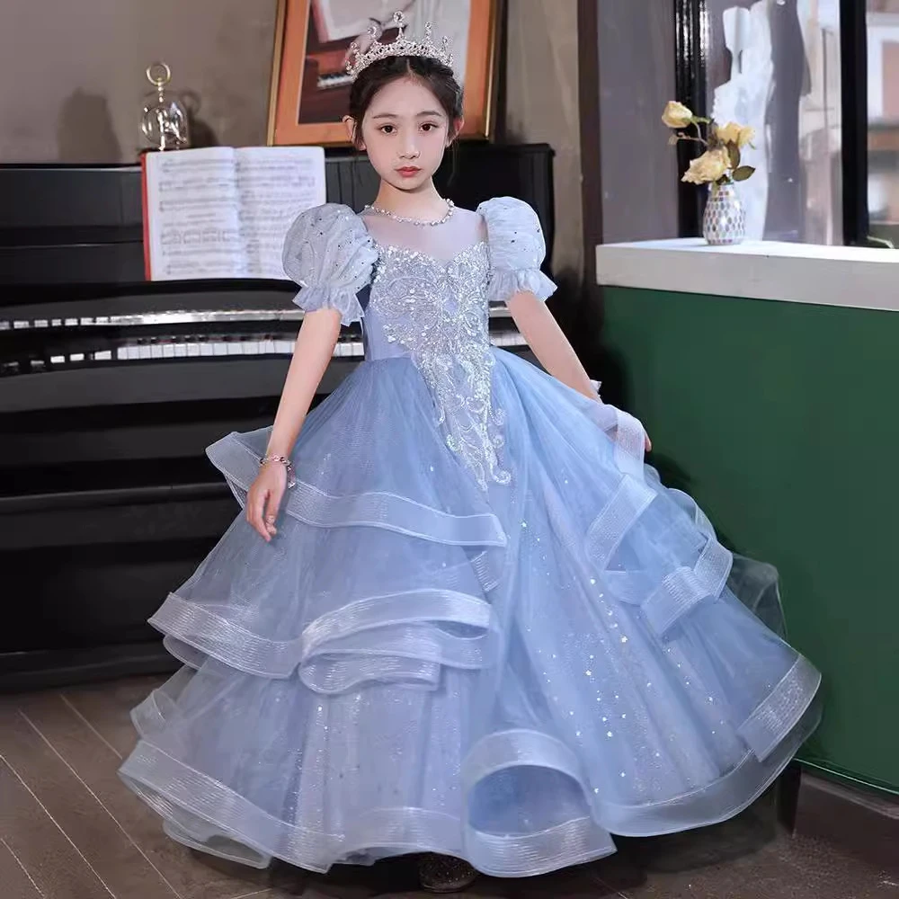 服装儿童走秀礼服2025夏季感蓝色公主裙小女孩生日洋气钢琴演出服