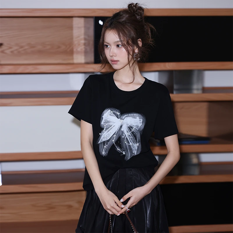 【现货】MIUCO潮范立体3D印染蝴蝶结轻奢钉珠宽松T恤T8608T86