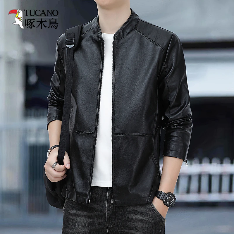 TUCANO/啄木鳥韩版立领纯色显瘦加绒皮夹克男士皮衣潮流修身外套