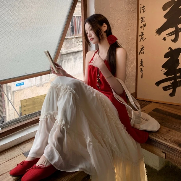 【慕斯可可】重工网纱蛋糕半身裙松紧腰长裙女春夏吊带半裙