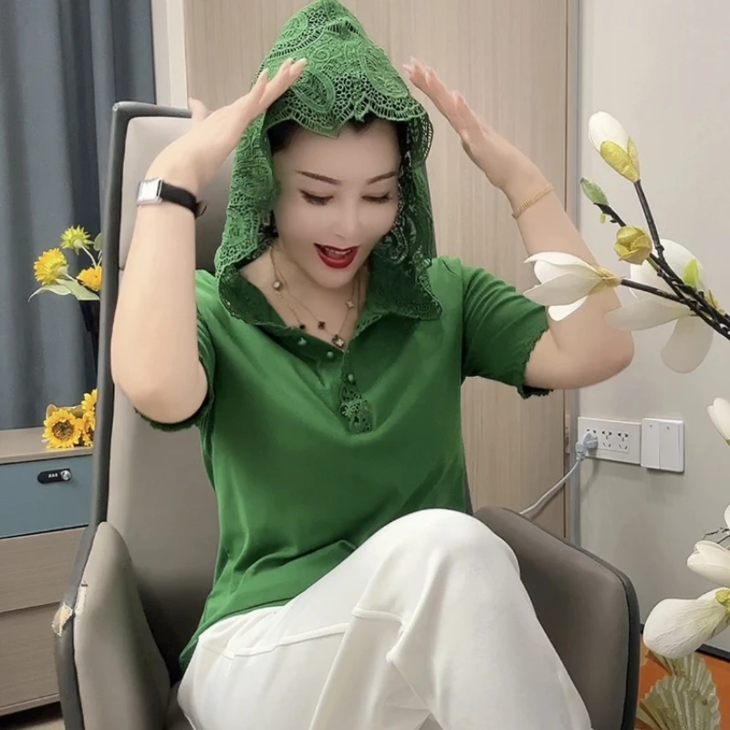 668蕾丝帽短袖-新款连帽拼蕾丝重工艺纯色宽松T恤 减龄夏季休闲